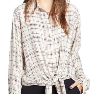Oversize Plaid Tie Front Blouse